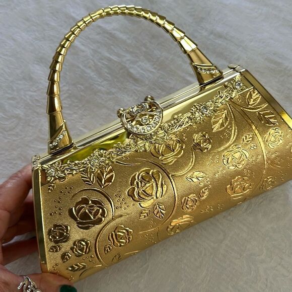 Elegant Gold Floral Handbag Rhinestones Sparkly Shiny - Picture 1 of 11